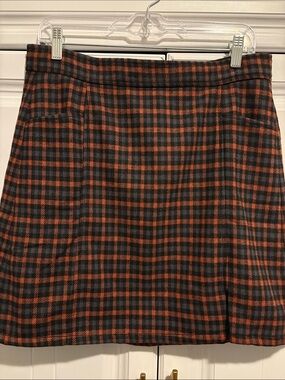 LOFT Orange & Black Plaid Mini Skirt w/ pockets